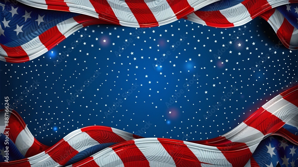 Obraz premium An elaborate design of American flag-inspired ribbons and stars set against a dark blue background, representing patriotism, freedom, and national unity.