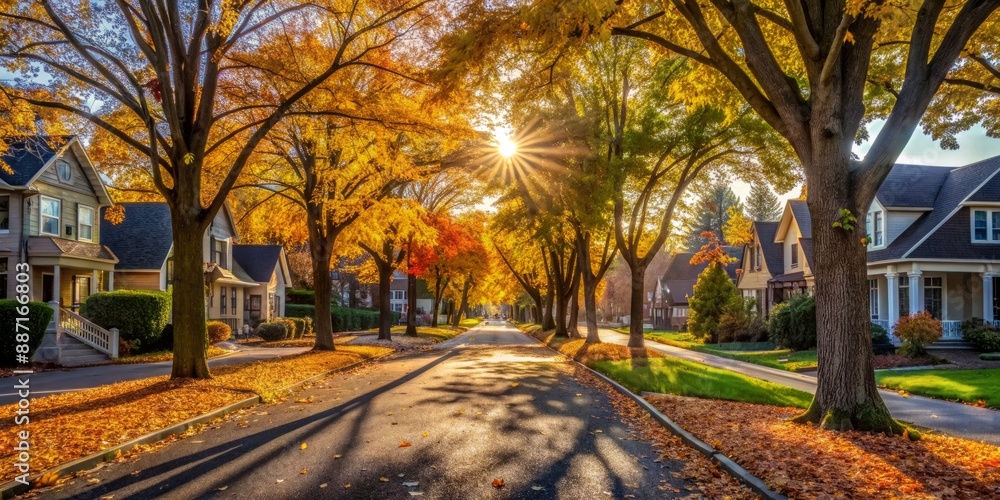 Serene morning scene of empty streets lined with trees and houses, with a few scattered fallen leaves, conveying a sense of healthy active living and wellness. Serene morning scene of empty streets lined with trees and houses, with a few scattered fallen leaves, conveying a sense of healthy active living and wellness.