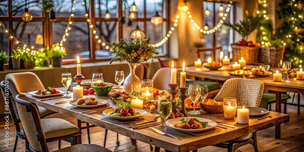 Warmly lit dining table set with delicious food and drinks, surrounded by comfortable chairs, elegant decorations, and soft lighting, evoking a sense of togetherness and warmth. Warmly lit dining table set with delicious food and drinks, surrounded by comfortable chairs, elegant decorations, and soft lighting, evoking a sense of togetherness and warmth.