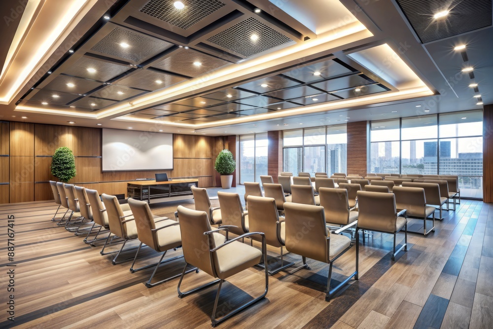 Modern conference hall with sleek chairs, polished floor, and advanced audiovisual equipment, illuminated by soft natural light, exudes professionalism and sophistication. Modern conference hall with sleek chairs, polished floor, and advanced audiovisual equipment, illuminated by soft natural light, exudes professionalism and sophistication.