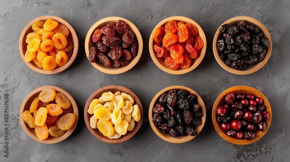 A top-down image of a variety of dried fruits in small wooden bowls, showcasing the distinct shapes and colors of raisins, apricots, dates, figs, and cranberries A top-down image of a variety of dried fruits in small wooden bowls, showcasing the distinct shapes and colors of raisins, apricots, dates, figs, and cranberries