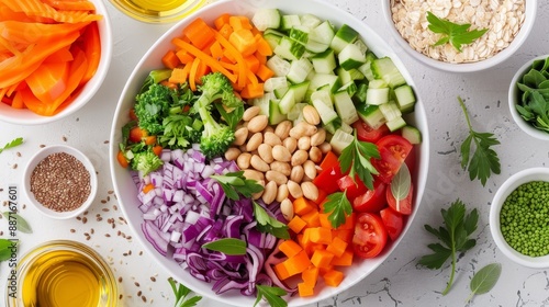 A top view of a vibrant vegetarian salad bowl filled with fresh organic vegetables, nuts, and seeds, showcasing a colorful and nutritious meal