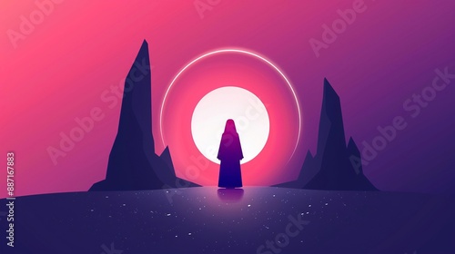 A sorceress standing in a mystical circle of light, performing a powerful ritual with enchanted crystals and ancient runes illuminating the scene, flat design illustration photo