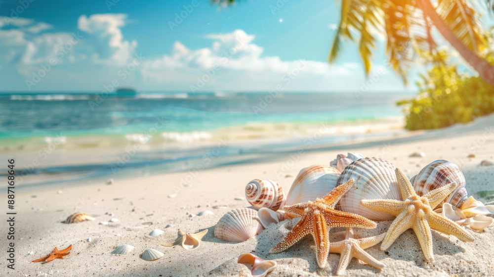 many shells and starfish on white sand with beautiful ocean background many shells and starfish on white sand with beautiful ocean background