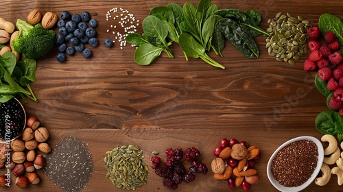 An artistic arrangement of various powerfoods on a wooden table, including nuts, seeds, berries, and leafy greens, highlighting their nutritional richness photo