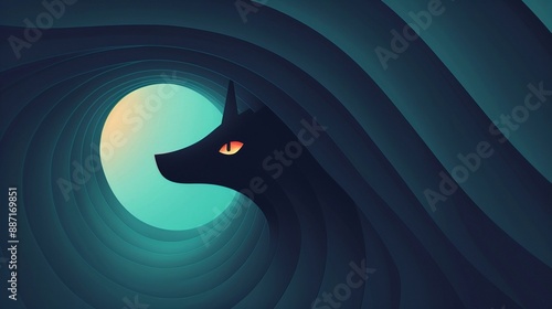 A mythical creature, like a dragon or unicorn, emerging from the shadows in a secret cave, with glowing eyes and a mysterious aura, flat design illustration photo