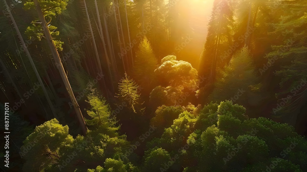 Obraz premium Aerial view of a beautiful sunlit redwood forest interior