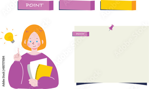 人差し指を立てて英会話のポイントを解説する女性のイラスト