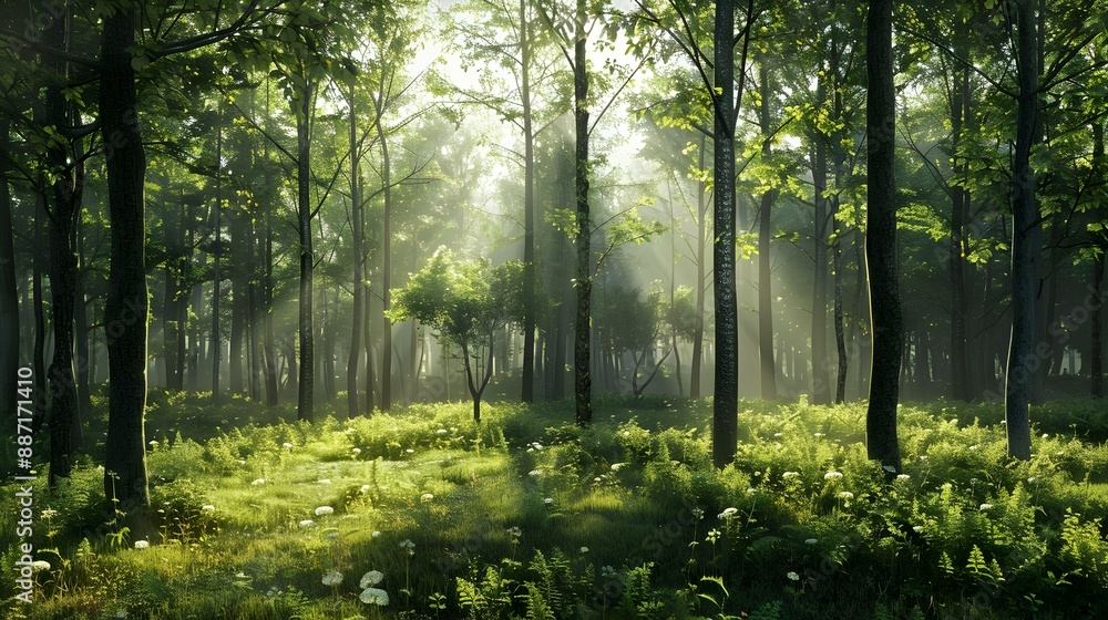 Fototapeta premium Green forest with sunlight filtering through trees