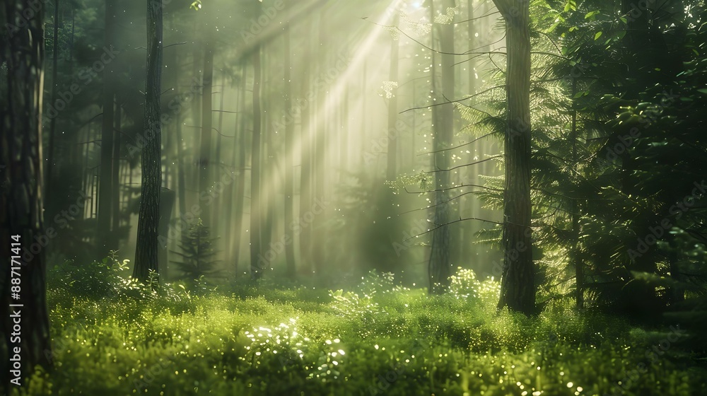 Naklejka premium Beautiful green forest with sunlight streaming through the trees