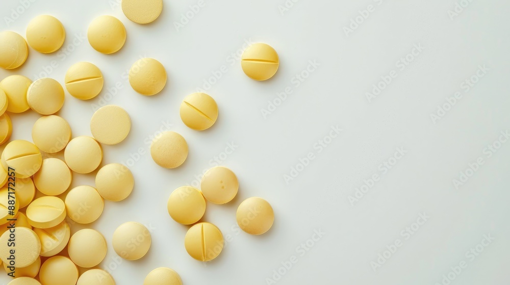 Yellow pills on white background with copy space Pharmaceutical concept Yellow pills on white background with copy space Pharmaceutical concept