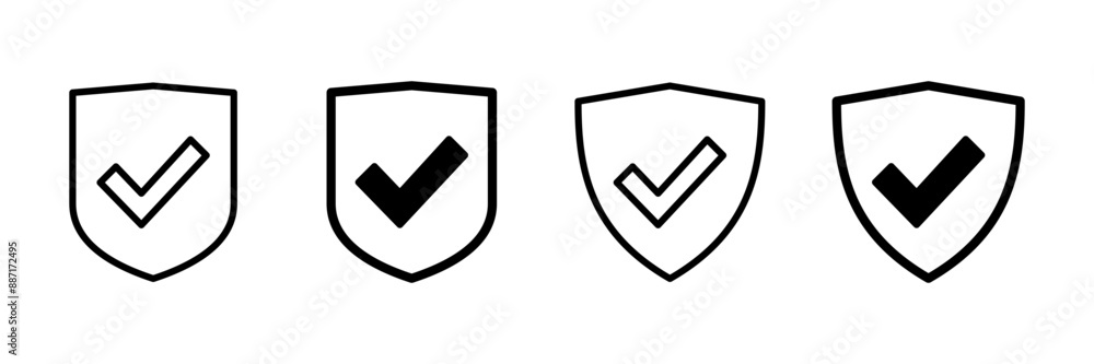 Shield check mark icon vector isolated on white background. Protection approve sign. Safe icon vector Shield check mark icon vector isolated on white background. Protection approve sign. Safe icon vector