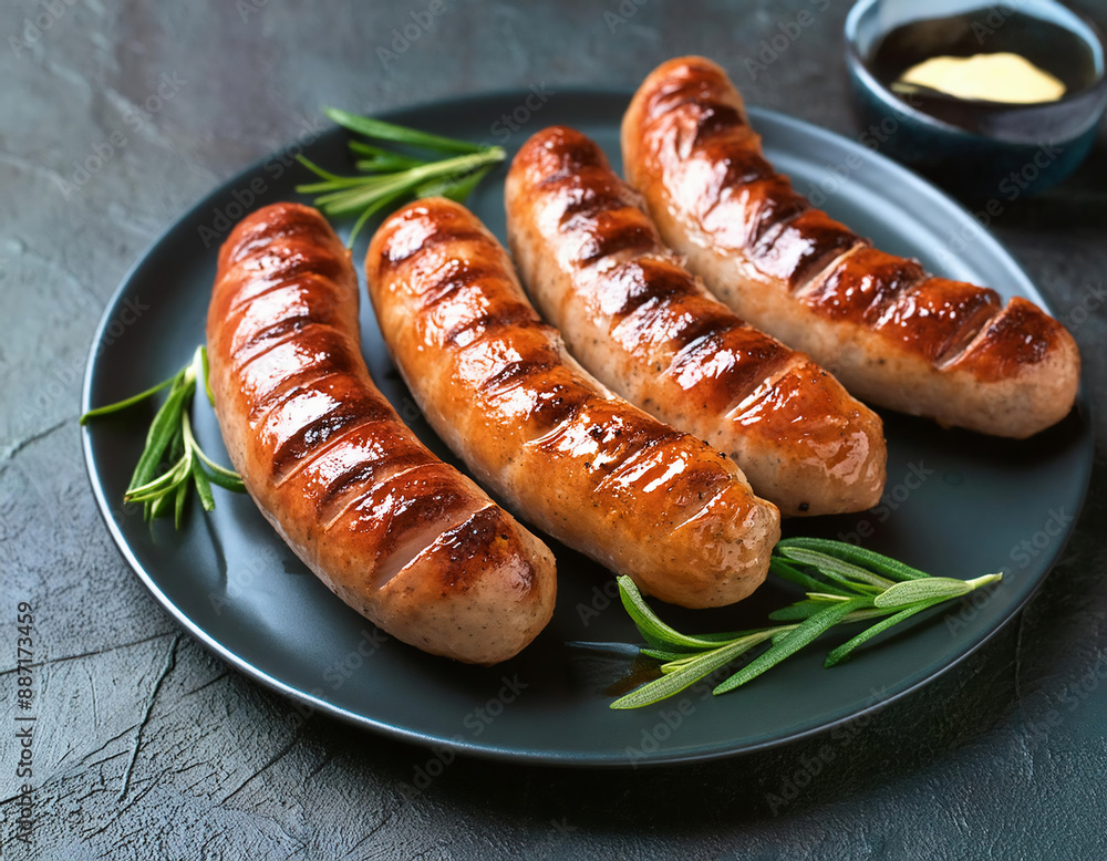 A plate with tasty grilled bratwurst sausages ,rosemary and sauce A plate with tasty grilled bratwurst sausages ,rosemary and sauce