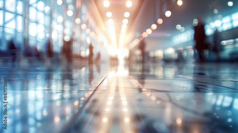 BLURRED OFFICE BACKGROUND, MODERN BUSINESS HALL WITH LIGHT REFLECTONS ON THE FLOOR,abstract blur in airport for background. BLURRED OFFICE BACKGROUND, MODERN BUSINESS HALL WITH LIGHT REFLECTONS ON THE FLOOR,abstract blur in airport for background.