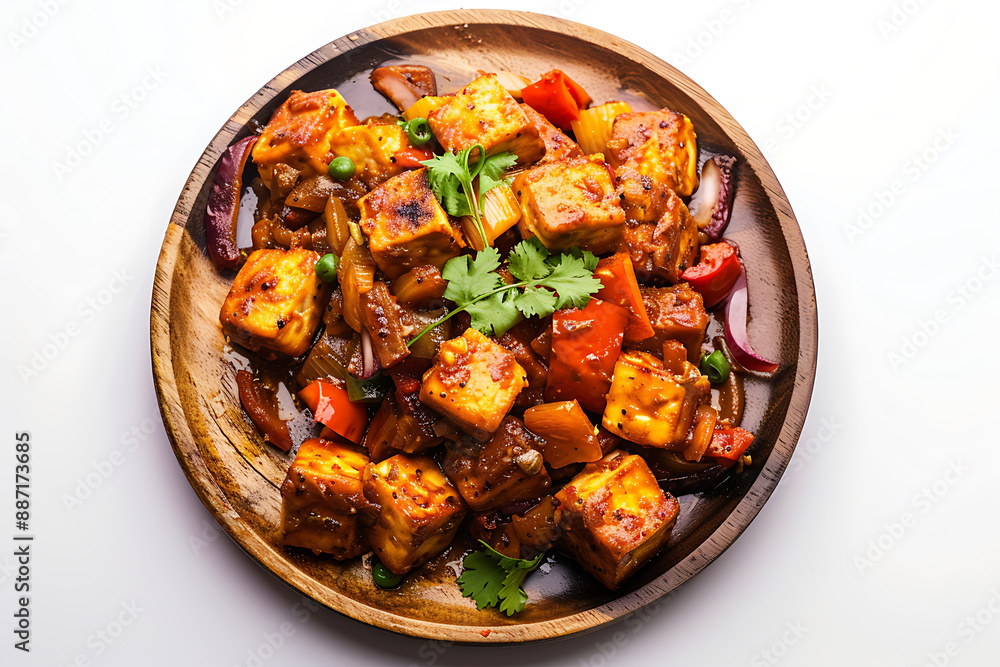 Board and plate of tasty Kadai Paneer with on white background. Board and plate of tasty Kadai Paneer with on white background.