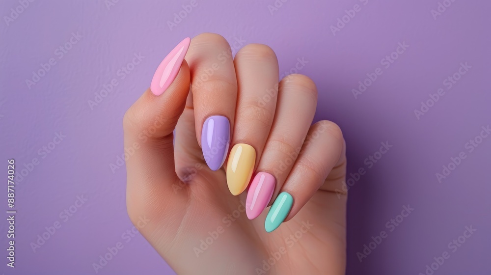 Pastel colored nail design on a woman s hand against a purple background for spring and summer Pastel colored nail design on a woman s hand against a purple background for spring and summer
