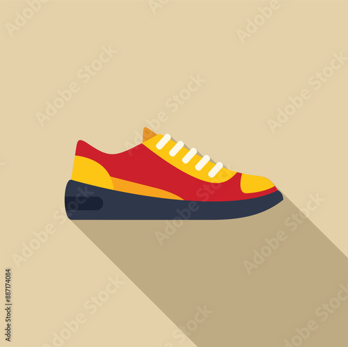 Red and yellow sneaker standing on long shadow background, footwear concept, flat style