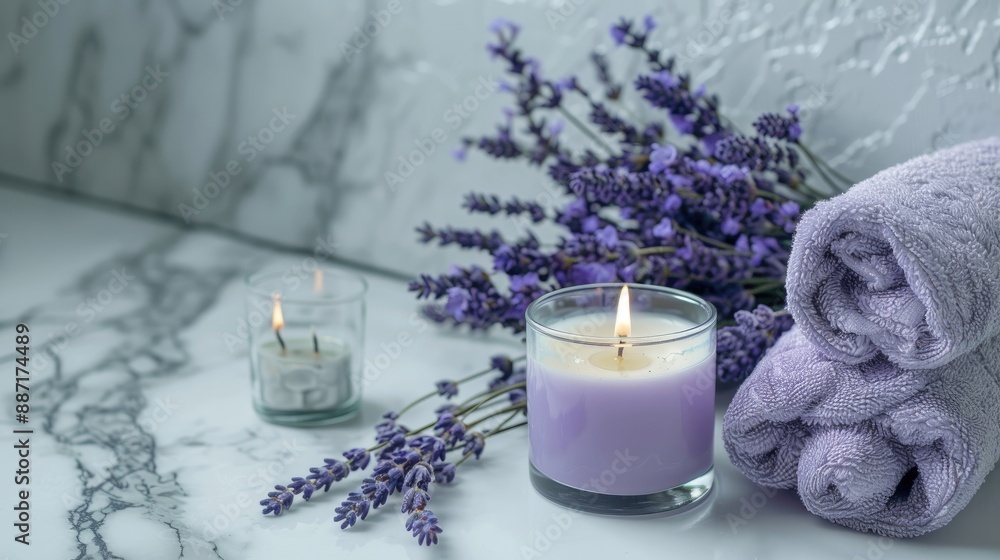 Spa and beauty concept with lavender candle and towels on marble surface Spa and beauty concept with lavender candle and towels on marble surface