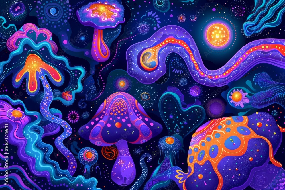 Glowing psychedelic patterns with vibrant colors and mystical designs. Glowing psychedelic patterns with vibrant colors and mystical designs.