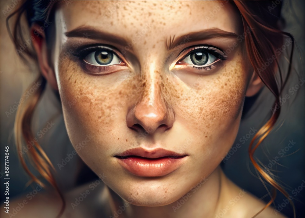 Close-up portrait of young woman's face with natural freckles scattered across her cheeks and nose, warm lighting highlighting her smooth, porcelain-like skin. Close-up portrait of young woman's face with natural freckles scattered across her cheeks and nose, warm lighting highlighting her smooth, porcelain-like skin.