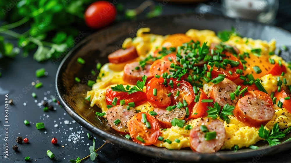 Scrambled eggs with sausages tomatoes pepper and chives on a plate Hearty meal Keto diet Egg omelette with vegetables Scrambled eggs with sausages tomatoes pepper and chives on a plate Hearty meal Keto diet Egg omelette with vegetables