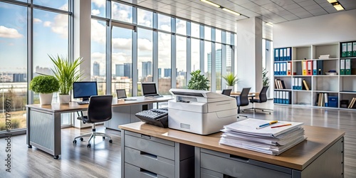 Modern corporate office space with a multifunction laser printer on a desk, surrounded by important documents, highlighting ink and toner supplies in professional use.