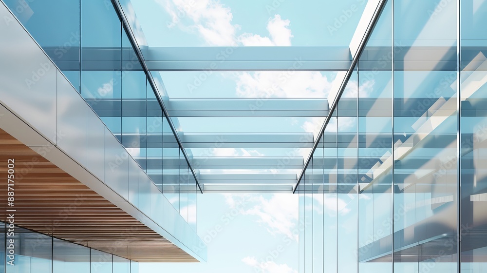 Fototapeta premium Building wall with sky view and open roof, modern architecture with metal elements, building with transparent ceiling. Modern house, office, banner.3D render