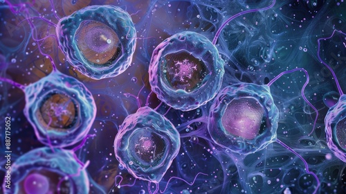 Fetal ovary Oocyte meiosis Micrograph showing several oocytes in zygotene stage left with chromosomes in bouquets and pachytene stage right with chromosomes appearing as thick strands photo