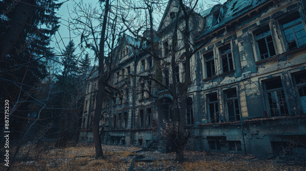 Abandoned creepy looking tall old trees without leaves in front of old abandoned hotel building Creepy haunted hotel with dark horror atmosphere and spooky details Scary view of ancient mansion Abandoned creepy looking tall old trees without leaves in front of old abandoned hotel building Creepy haunted hotel with dark horror atmosphere and spooky details Scary view of ancient mansion