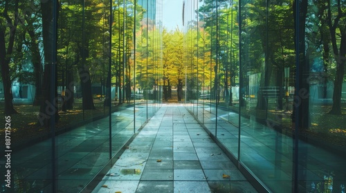 Vertical image of symmetrical reflections of a pathway bordered by trees from a big office window glass photo