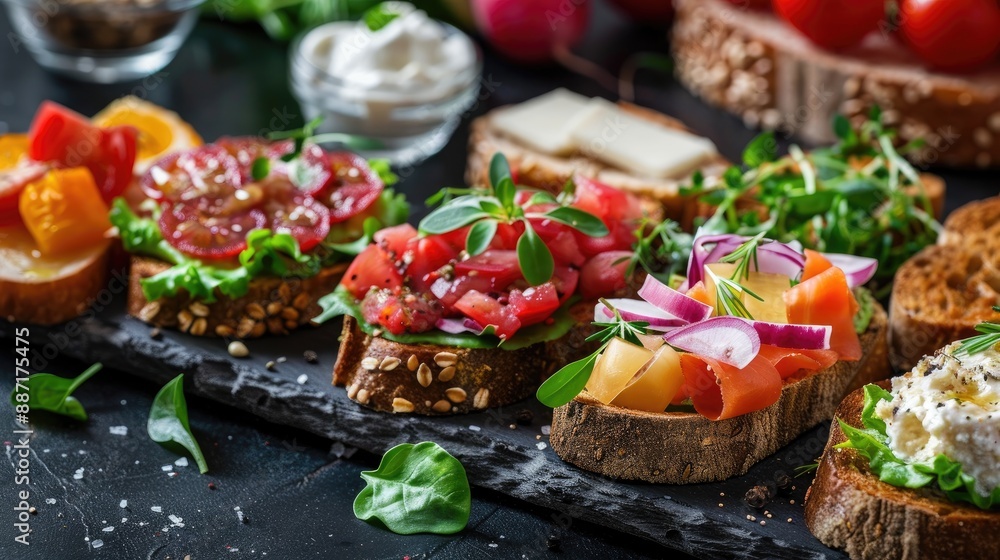 A variety of whole grain toasts with assorted toppings on a dark surface promoting healthy nutrition with vegetables and creamy cheese in the background A variety of whole grain toasts with assorted toppings on a dark surface promoting healthy nutrition with vegetables and creamy cheese in the background