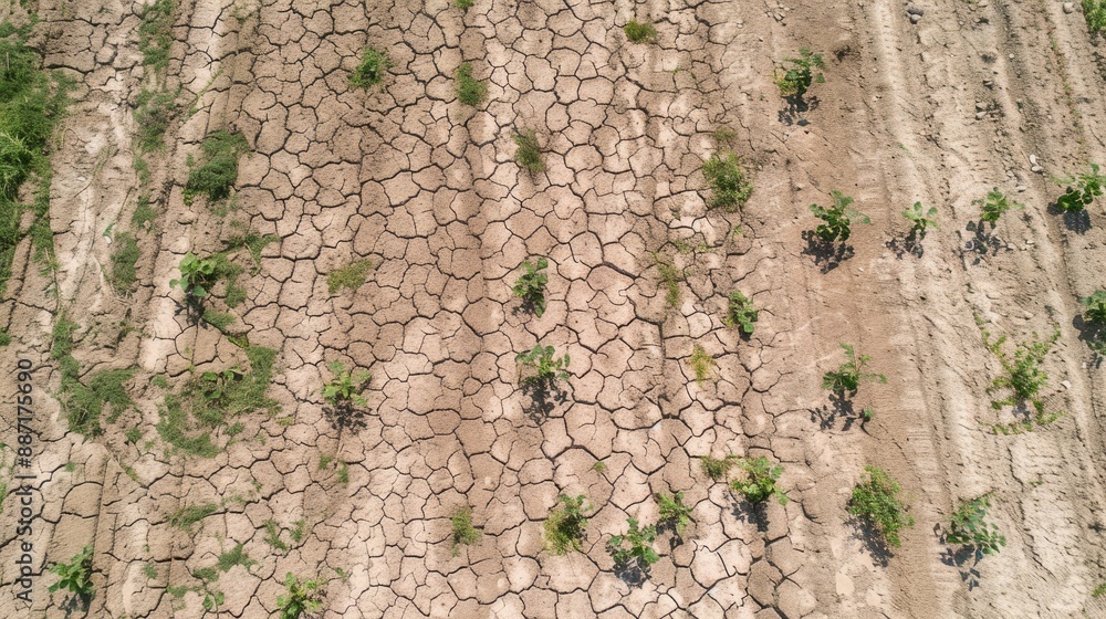 Aerial view of dry soybean field with cracked soil due to drought Aerial view of dry soybean field with cracked soil due to drought