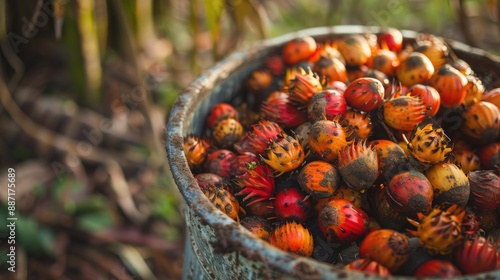 Ripe palm fruit in a bucket It can be extracted into palm oil and the kernel in the middle of the palm fruit can also be processed into palm kernel oil photo