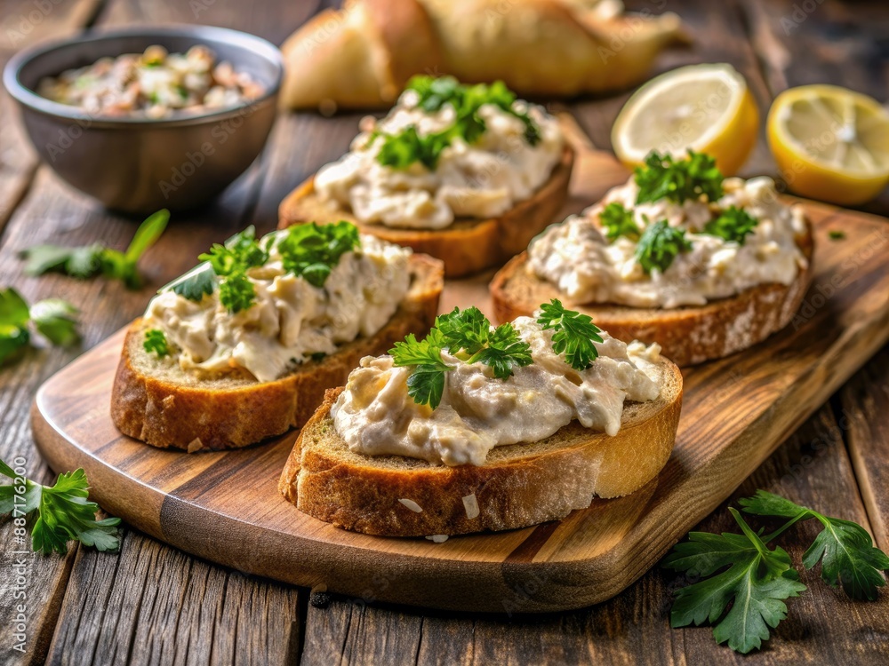 Freshly prepared tuna spread on crusty bread, topped with dollops of creamy cheese, anchovy fillets, and sprinkled with chopped parsley on a rustic wooden board. Freshly prepared tuna spread on crusty bread, topped with dollops of creamy cheese, anchovy fillets, and sprinkled with chopped parsley on a rustic wooden board.