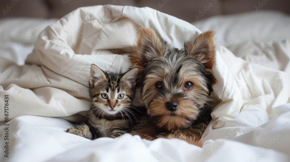 Funny Goldust Yorkshire terrier puppy lying with young kitten under white warm blanket on a bed at home Top down view Funny Goldust Yorkshire terrier puppy lying with young kitten under white warm blanket on a bed at home Top down view