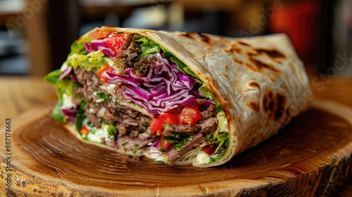 a doner kebab wrap made in toasted lavash bread The toppings of the wrap consist of sliced red cabbage mixed greens baby spinach Radicchio and arugula pickles and pickled hot red and green peppers a photo