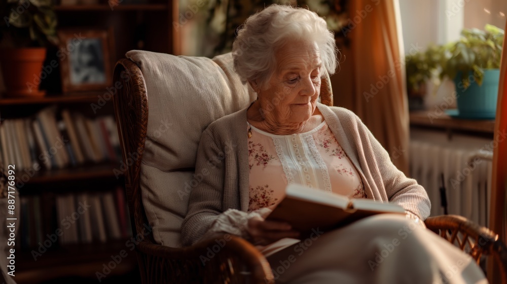 Elderly Caucasian Woman Reading Book at Home in Cozy Living Room with Bookshelves and Plants Elderly Caucasian Woman Reading Book at Home in Cozy Living Room with Bookshelves and Plants