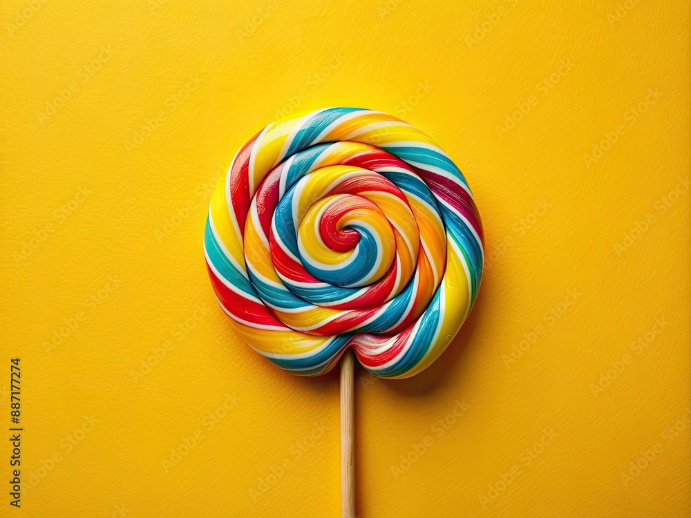 Vibrant retro-style lollipop with striped swirls on a yellow background, featuring a colorful round shape hard sugar caramel candy on a stick, perfect for kids. Vibrant retro-style lollipop with striped swirls on a yellow background, featuring a colorful round shape hard sugar caramel candy on a stick, perfect for kids.