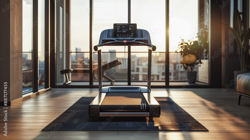 Fototapeta premium Treadmill in Modern Sunlit Home Gym with Large Windows