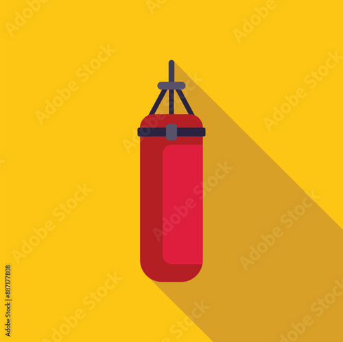 Red punching bag hanging on yellow background, perfect for representing boxing training and combat sports
