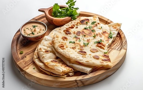 Board and plate of tasty Paratha with on white background. photo