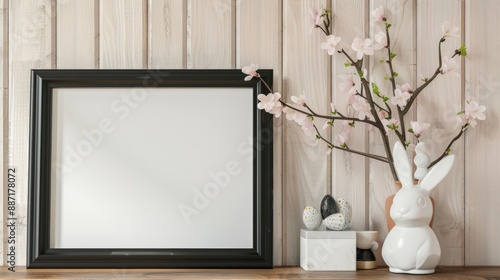 A white frame with a rabbit statue sits on a wooden shelf. Generate AI image