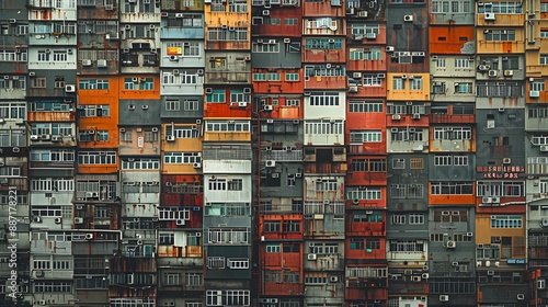 A row of buildings with many windows and a sign on the side
