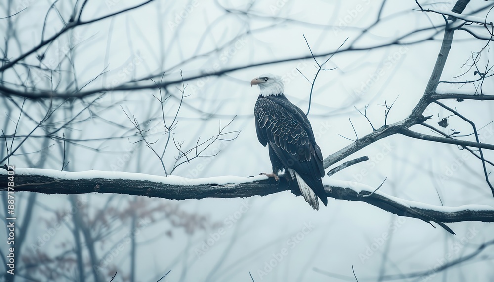 Bald eagle perched on snowy branch in winter forest. Bald eagle perched on snowy branch in winter forest.