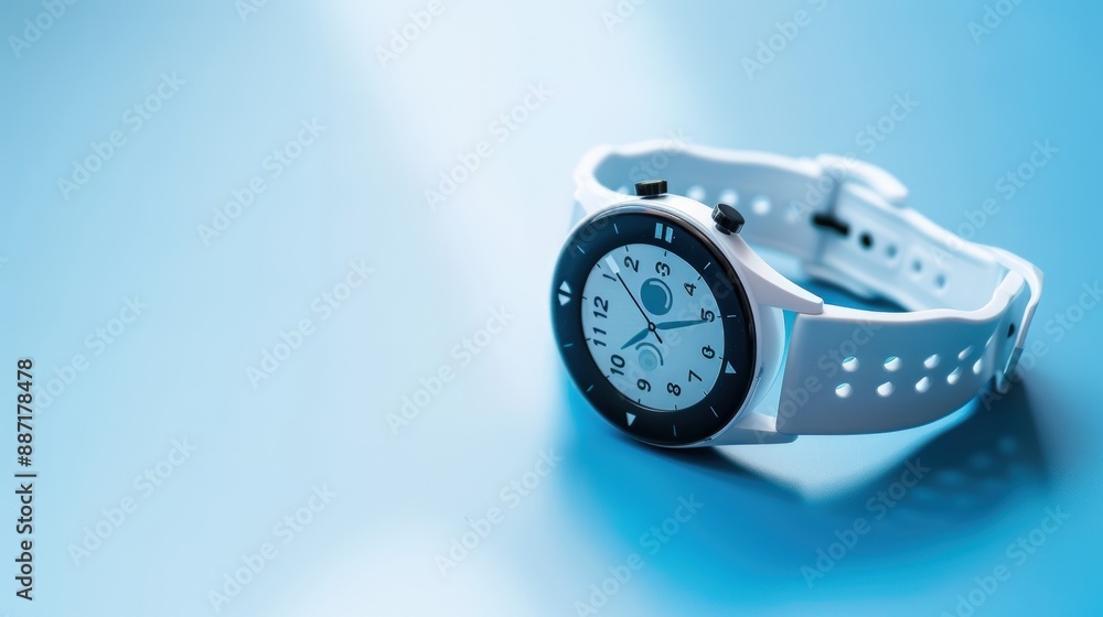 A watch with a blue face sits on a blue surface. Generate AI image A watch with a blue face sits on a blue surface. Generate AI image
