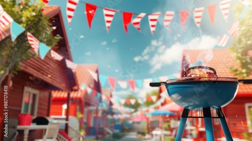 Barbecue grill with festive decorations in the background.