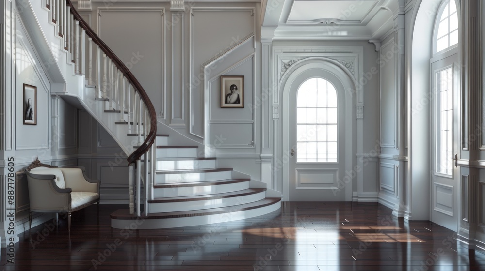 Fototapeta premium A large, empty room with a white staircase leading up to a door. Generate AI image