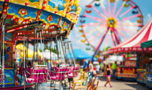 Blurred carnival rides and people in the background.