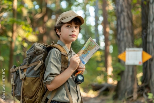 Boy Hiking with Backpack and Map.