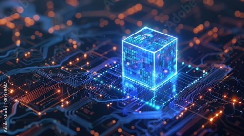 A blue glowing cube of data floating over a circuit board. Generate AI image